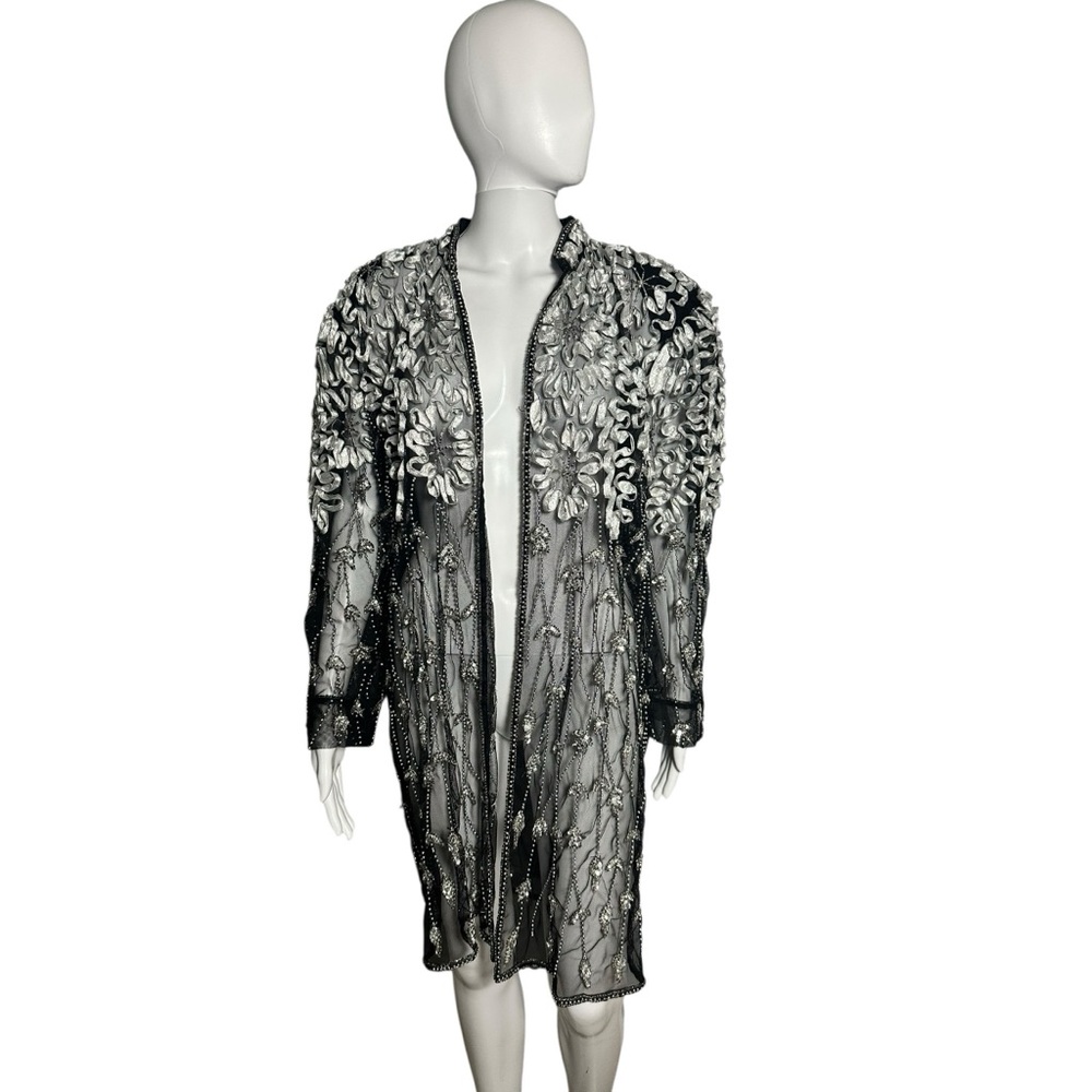 Elegant Black and Silver Soutache Embroidered Jacket Sheer Plus 1X